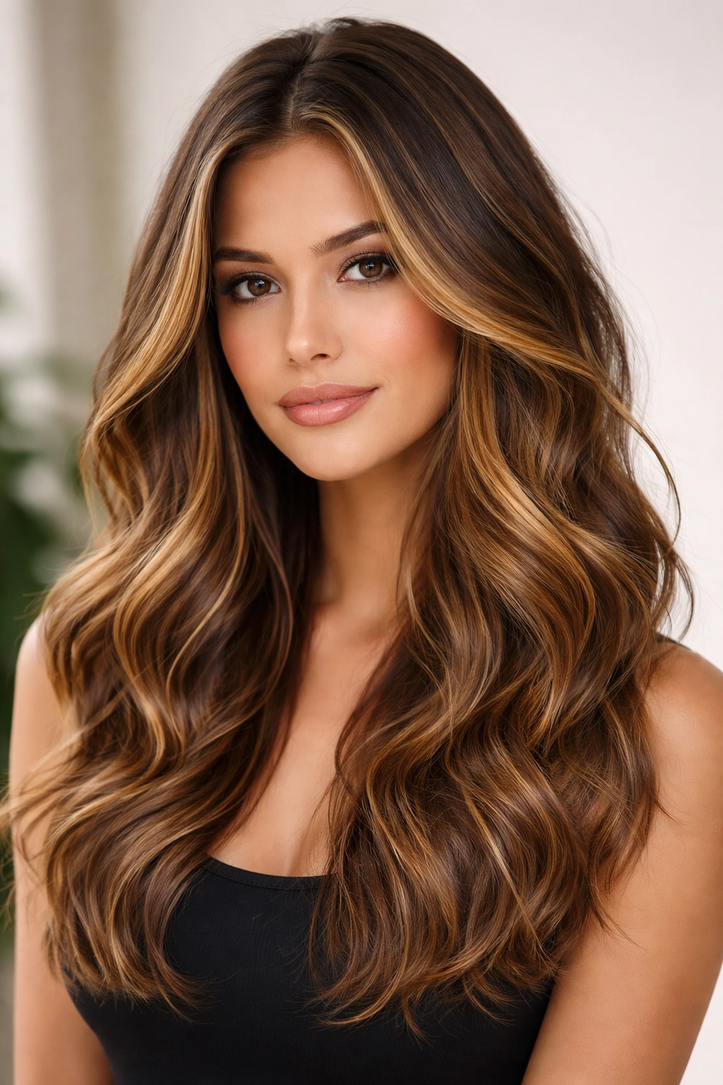 Medium brown hair with caramel balayage highlights