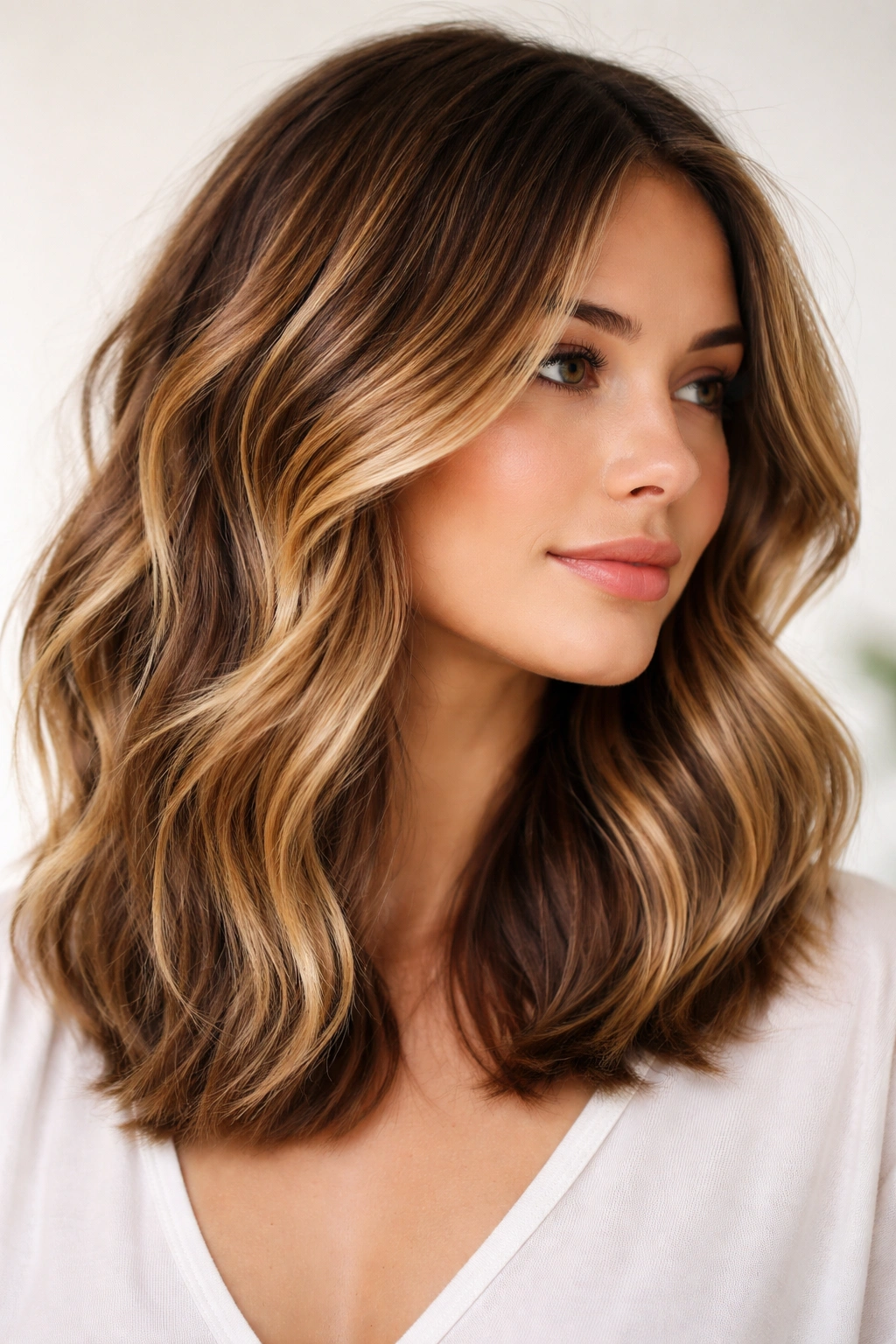 Close-up of a person’s medium-length balayage hair with sun-kissed highlights and subtle movement