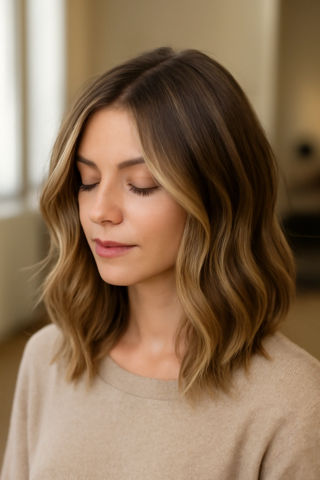 12 Medium Length Balayage Haircuts That Look Amazing 13 Close-up of medium-length balayage hair on a model in a salon chair, sun-kissed highlights and soft movement