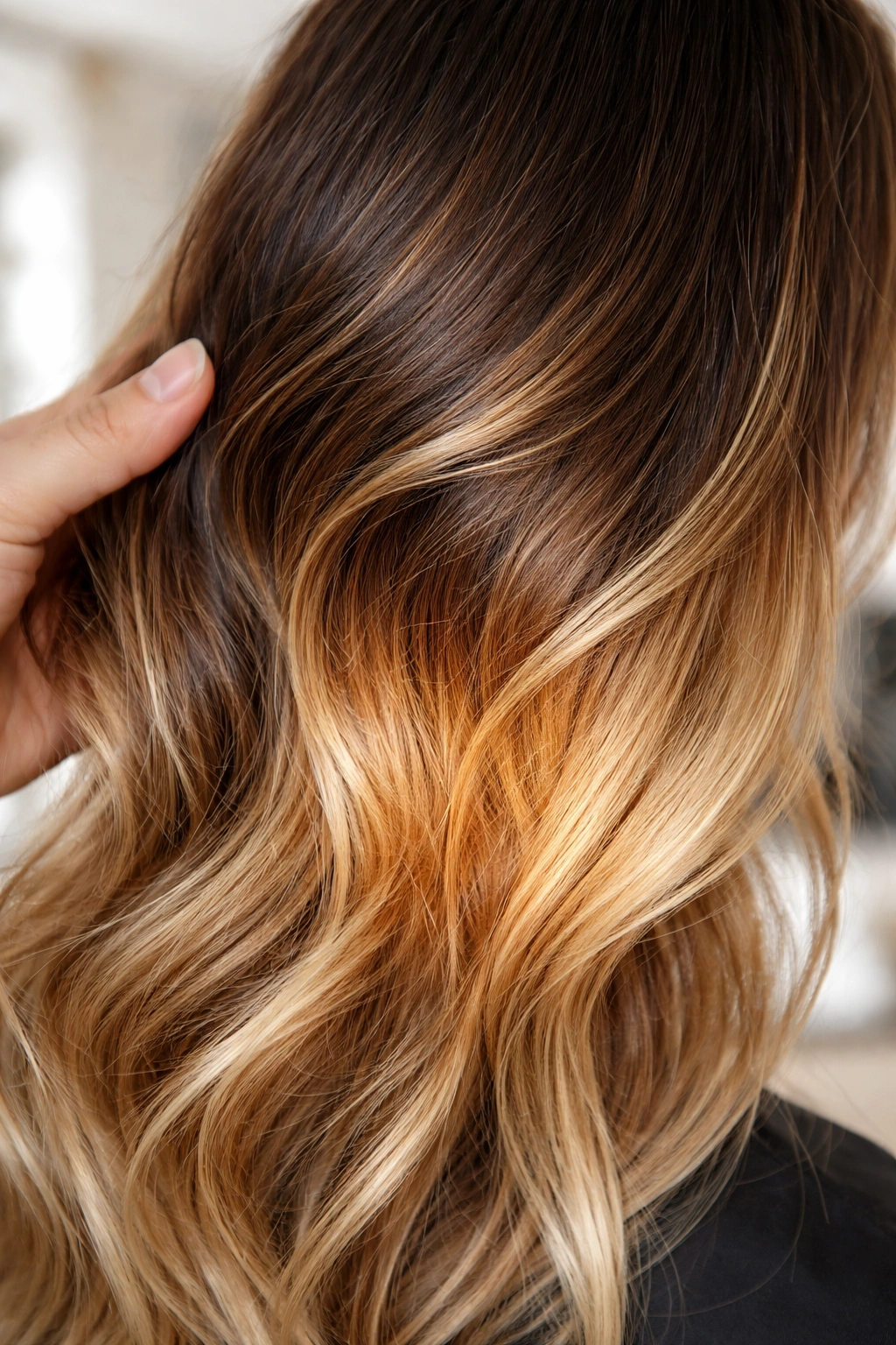 Close-up of a balayage strand with uneven color and brassy ends