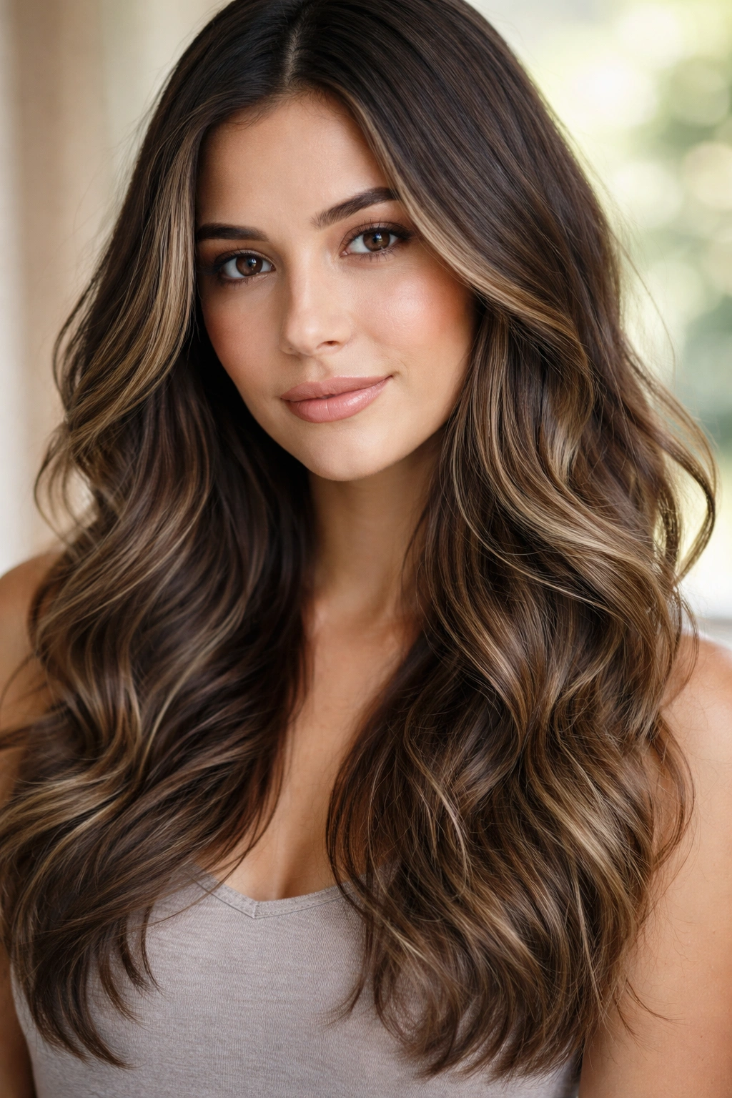Dark brown hair with balayage and sun-kissed ends