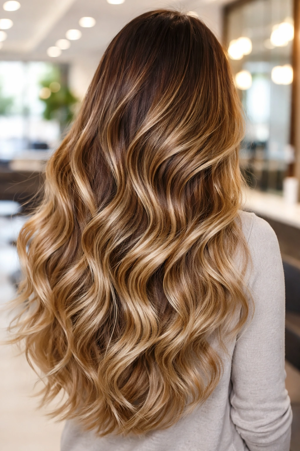 Long hair with balayage ombre and flowing waves showing color depth