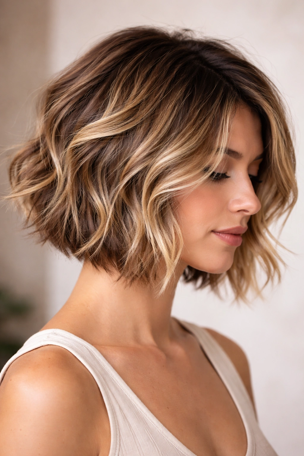 Textured bob with balayage highlights creating depth and sculpted light