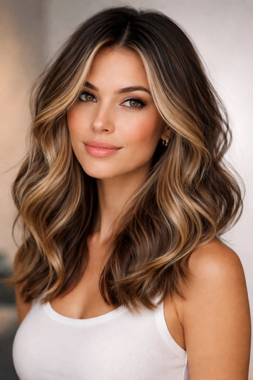 Medium-length balayage waves with depth-creating layers framing the face in a studio portrait