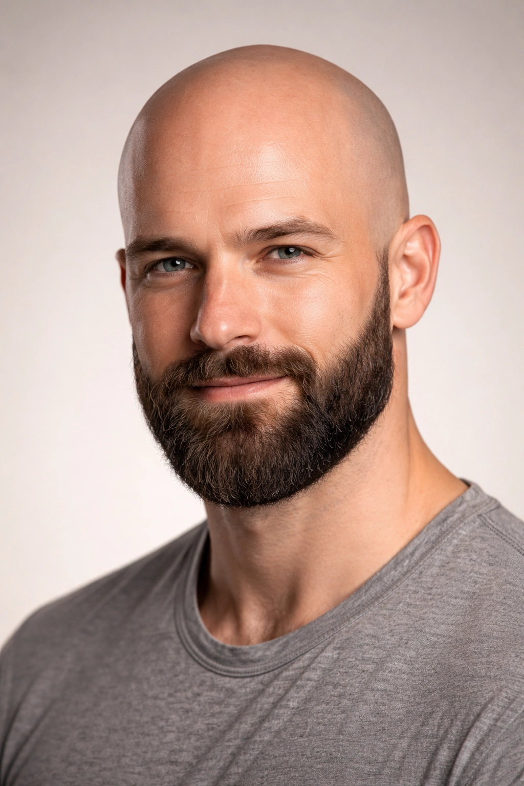 Portrait of a bald man with a full rounded beard against a neutral background