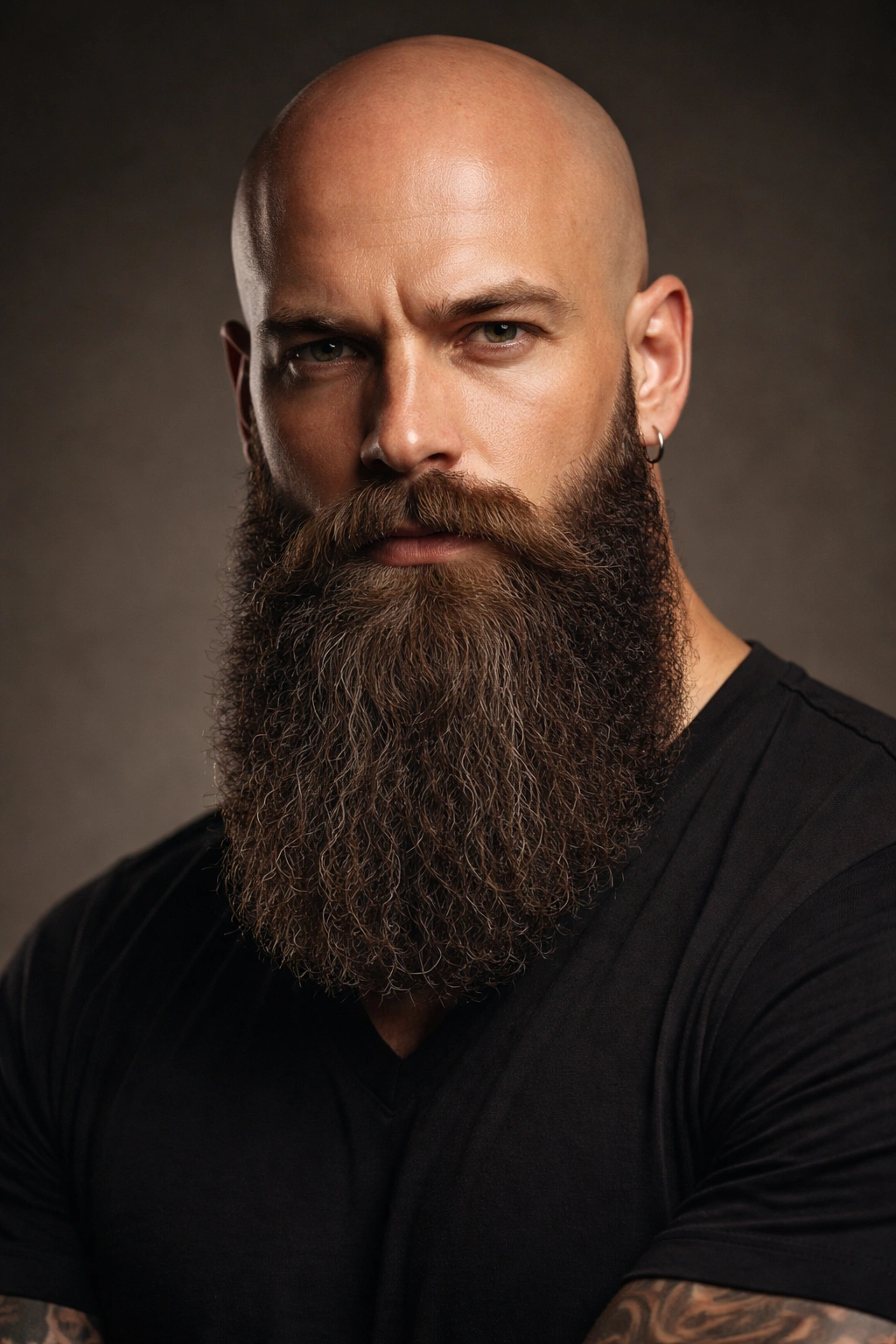 Bald man with a long epic beard in studio portrait