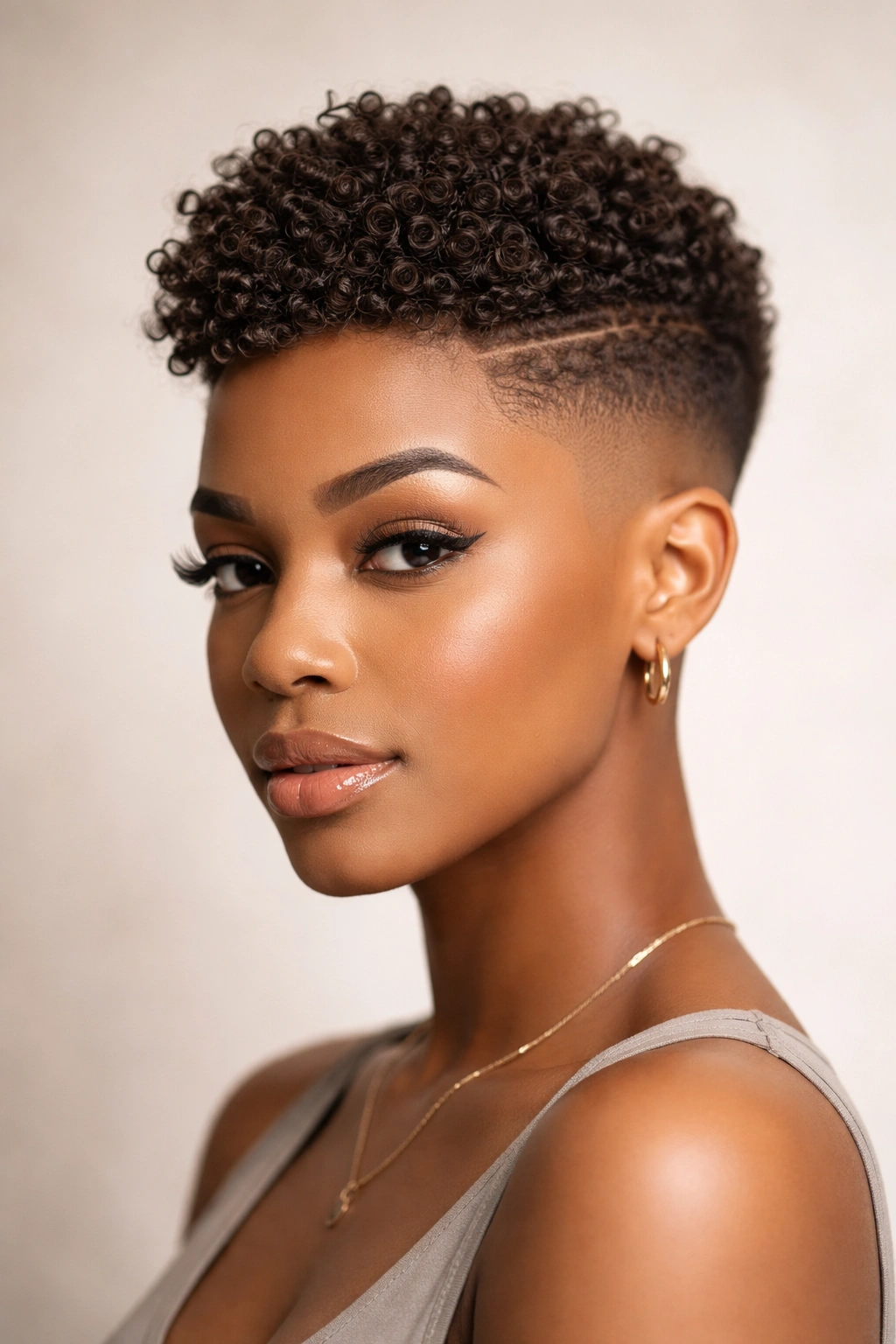 Portrait showing a bald fade with curls on top and high-contrast sides