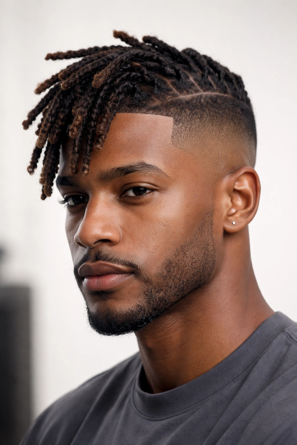 Headshot of a man with bald fade sides and locs on top with a sharp line-up.