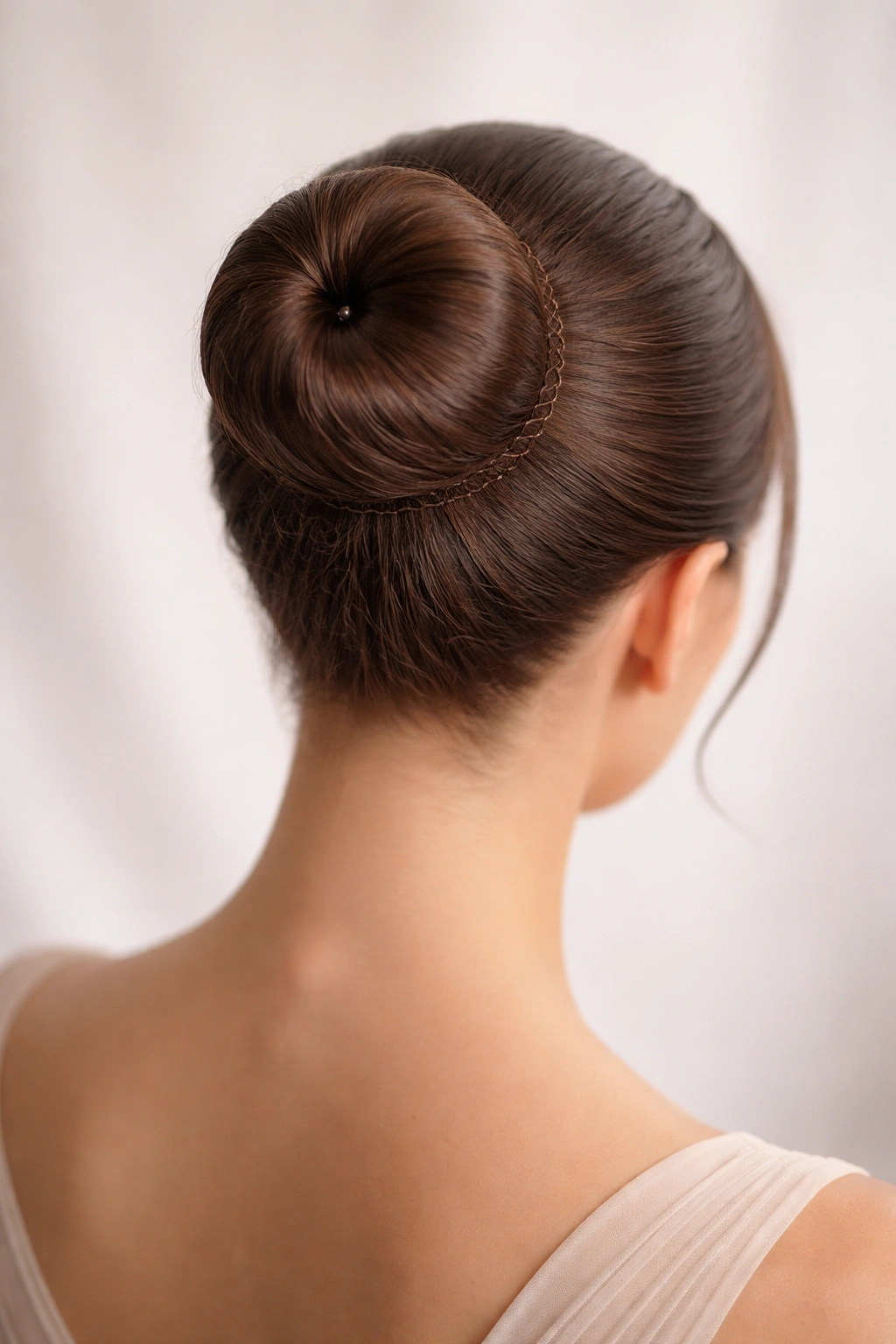 Back view of a tightly twisted ballet bun secured with pins