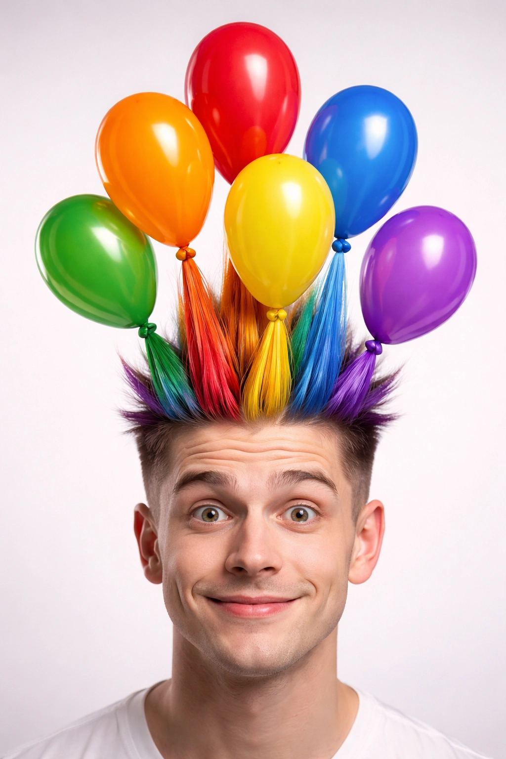 Front view of hair styled into colorful balloon shapes standing upright