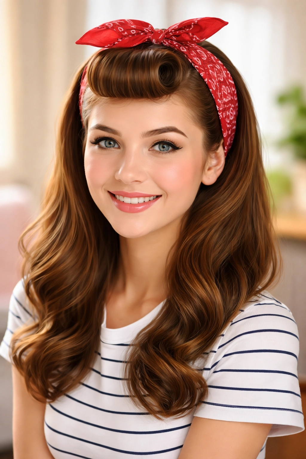Close-up of Bandana Headband with Rolled Bangs hairstyle with a red bandana