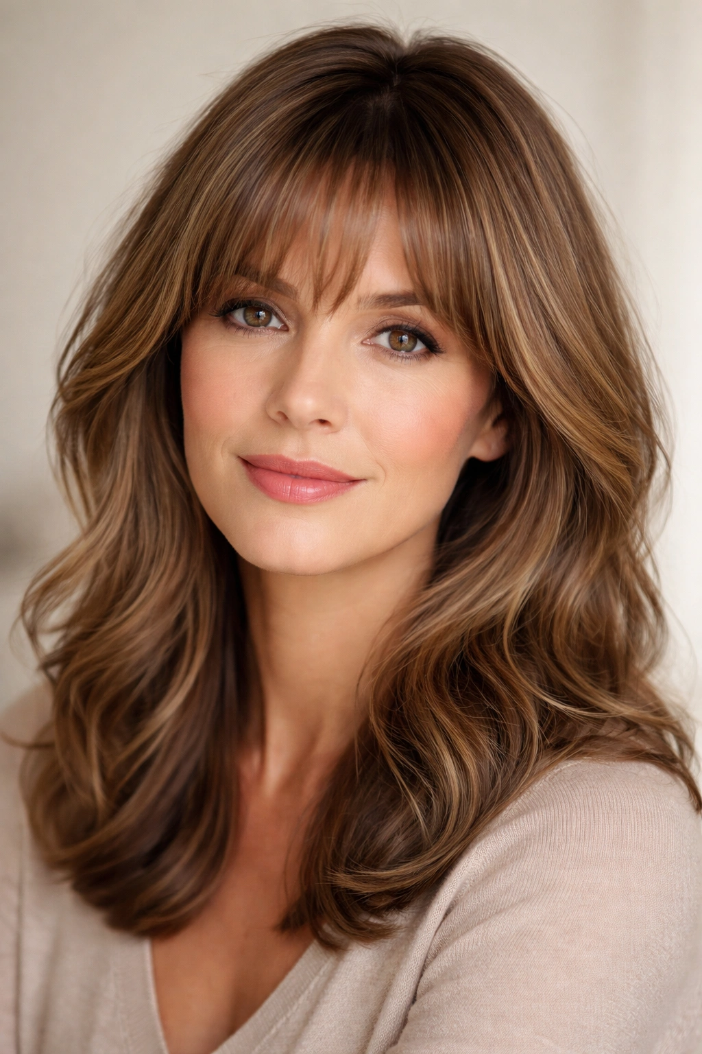 Close-up portrait of a woman with soft bangs framing her face