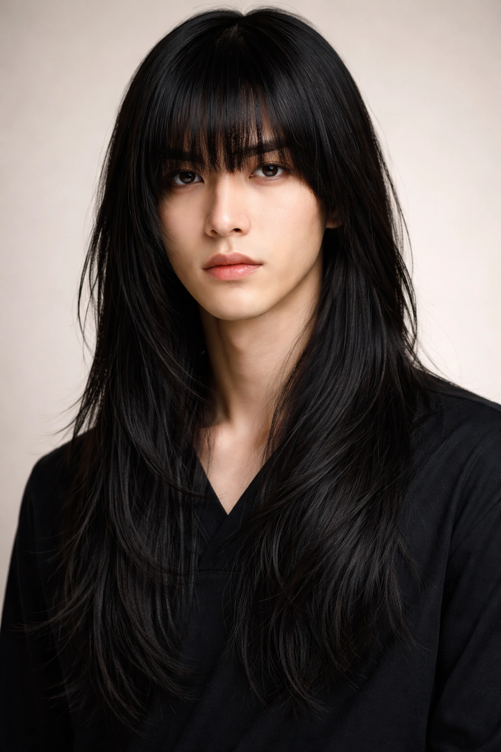 Asian man with long hair and blunt bangs