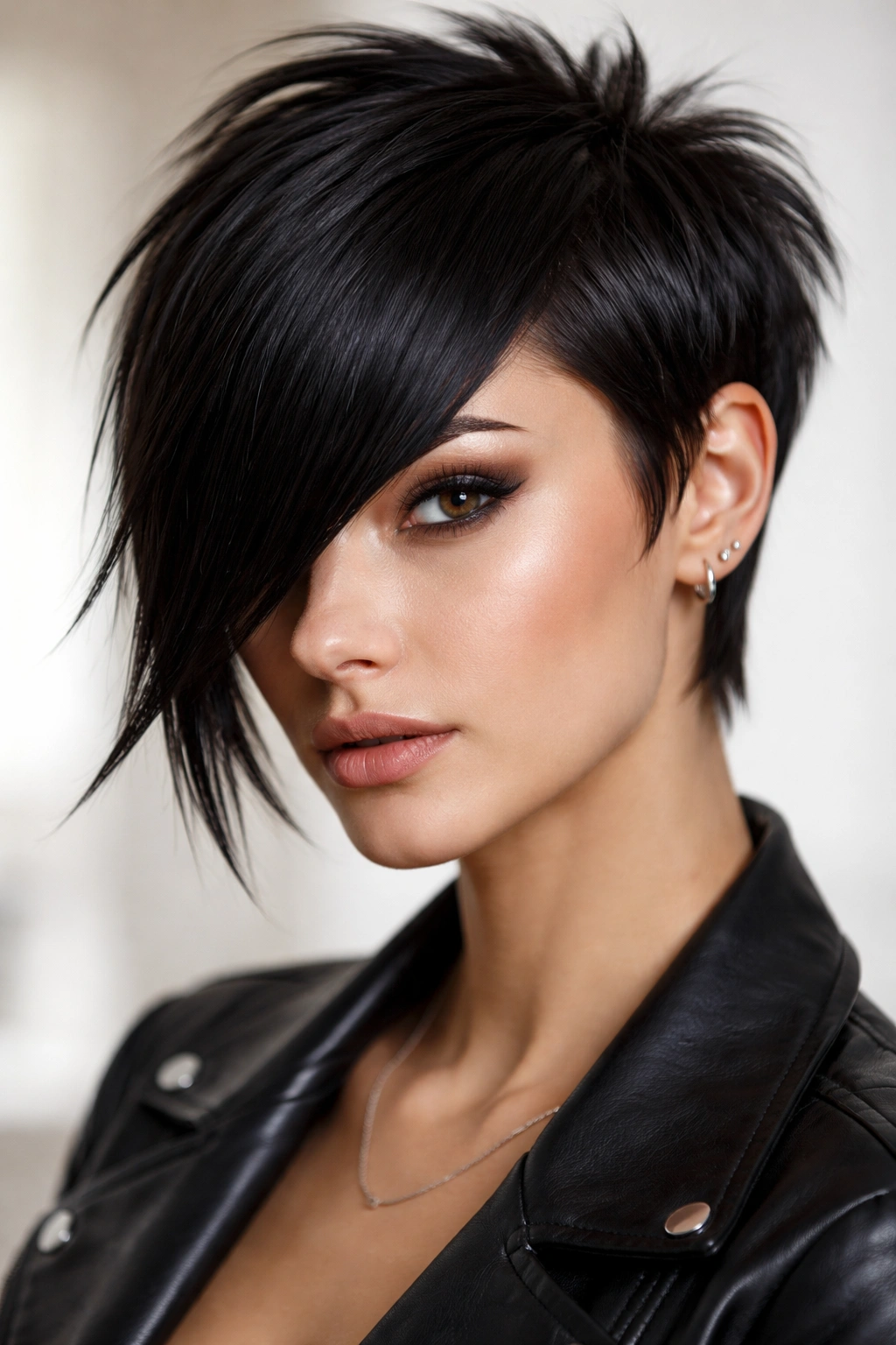 Portrait highlighting razor-sharp asymmetrical bangs with short crown layers