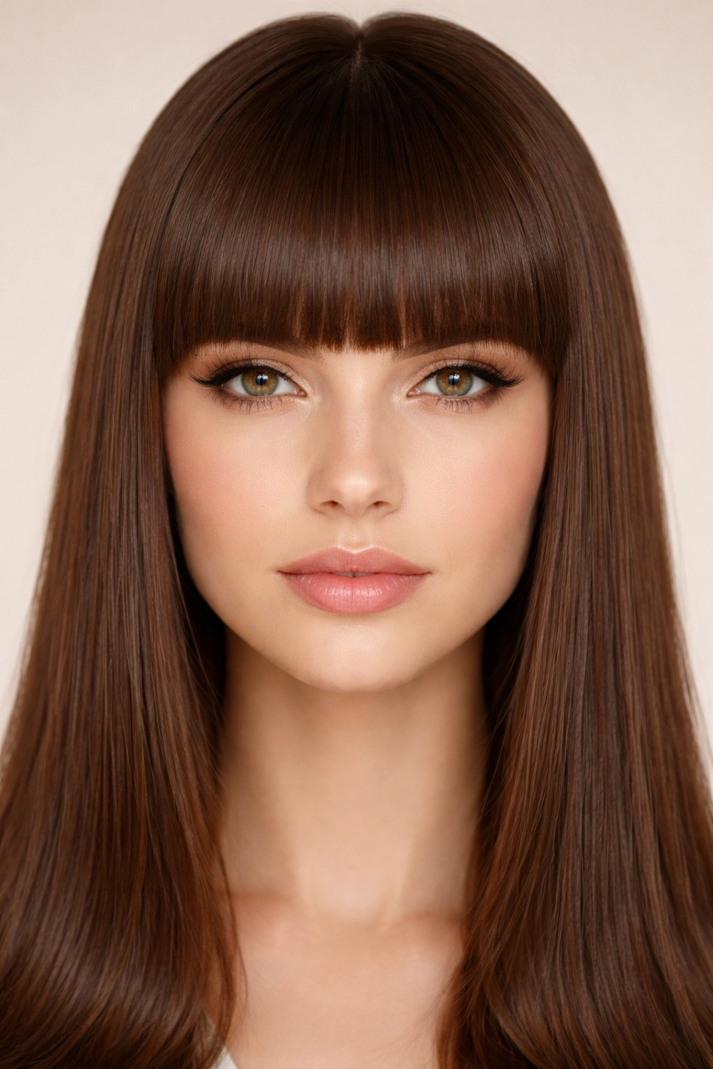 Blunt bangs across the forehead on a head model in a studio setting
