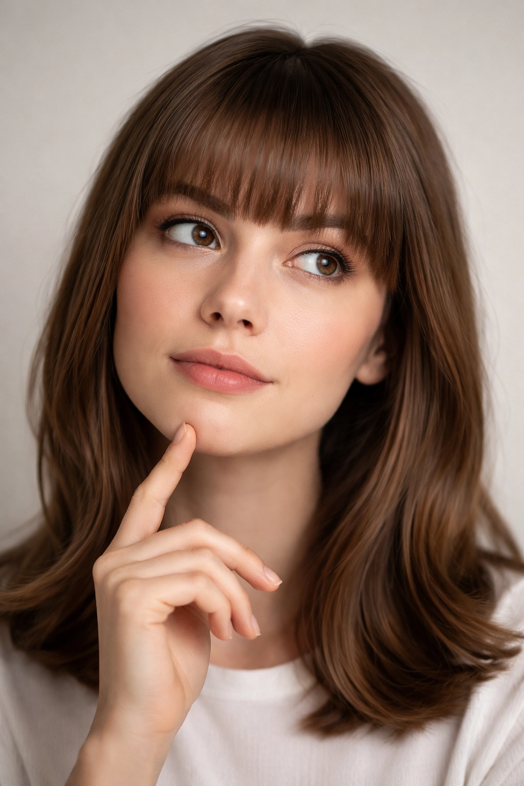 Close-up of bangs across the forehead with a contemplative expression.