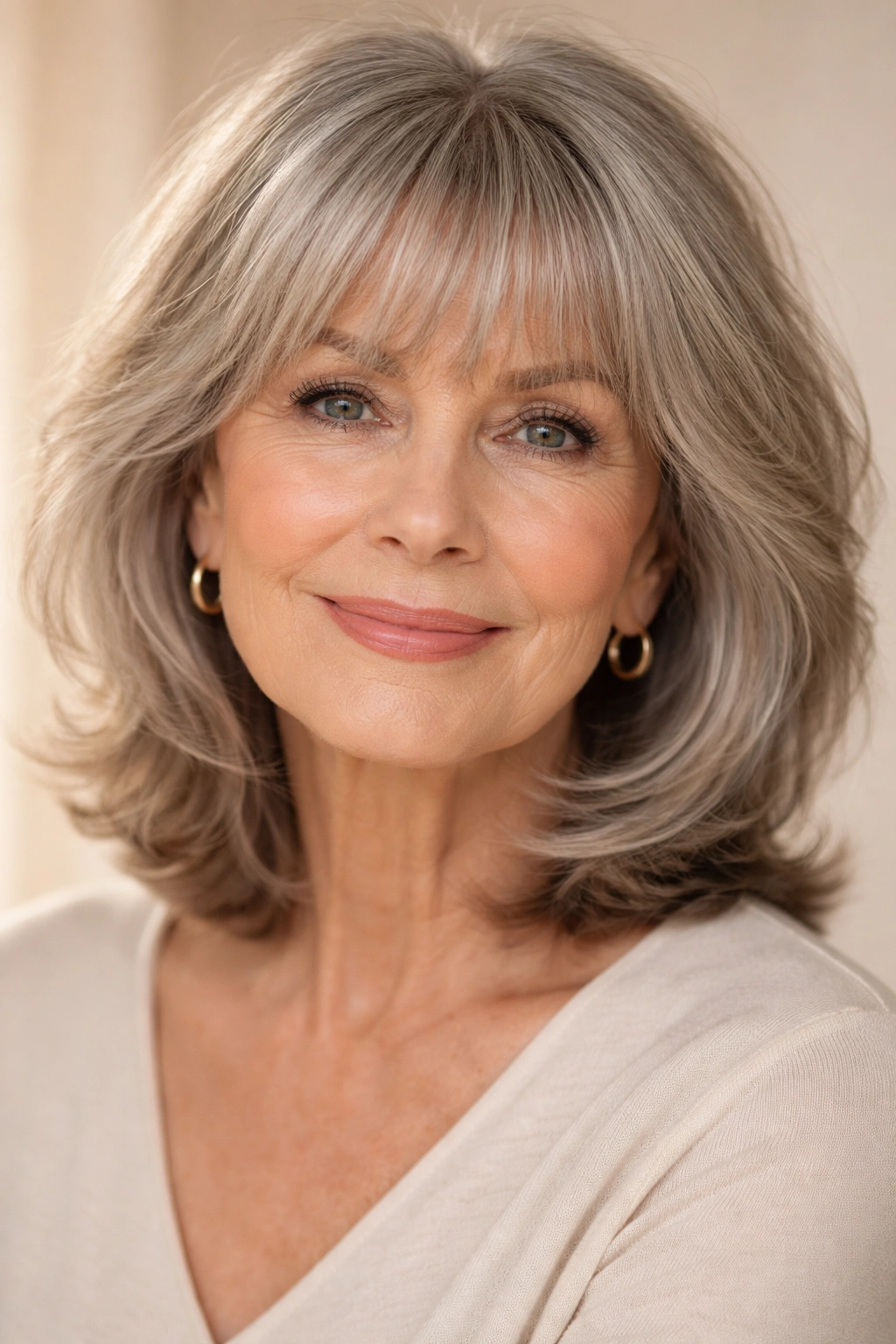 Close-up of an elderly woman with soft fringe framing eyes and forehead