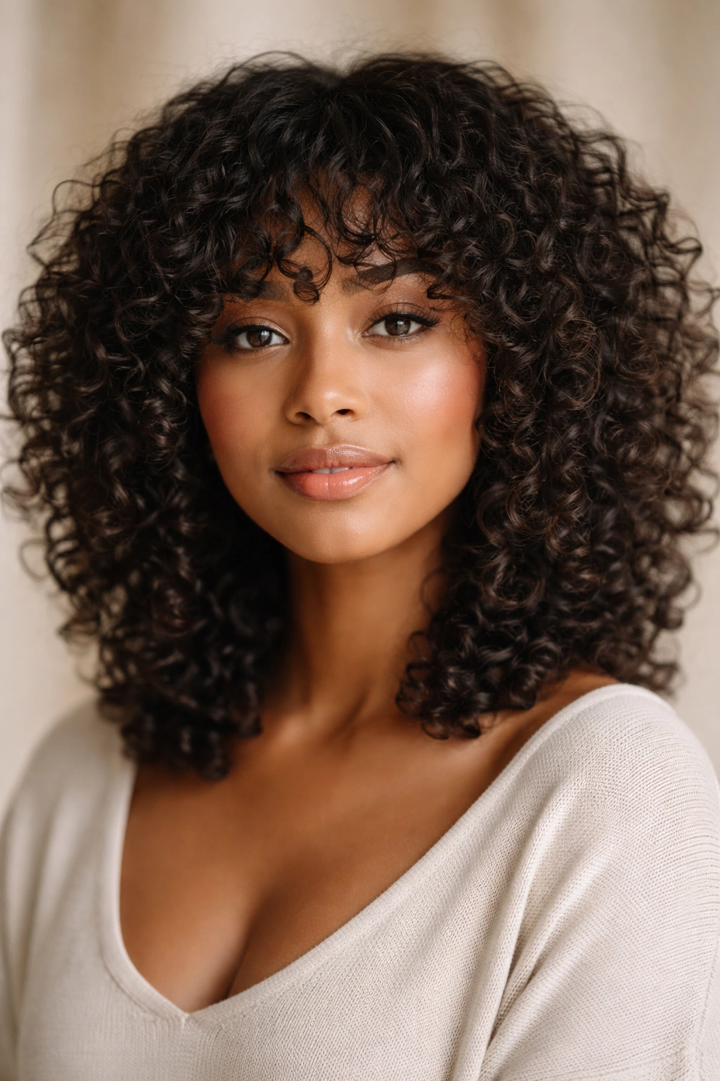 25 Natural Hairstyles For Coily And Curly Textures 23 Front view of curly bangs and face-framing layers