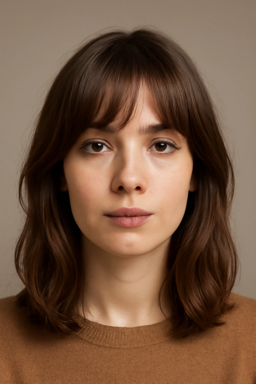 Close-up portrait showing bangs framing the face with side-swept and curtain fringe styles