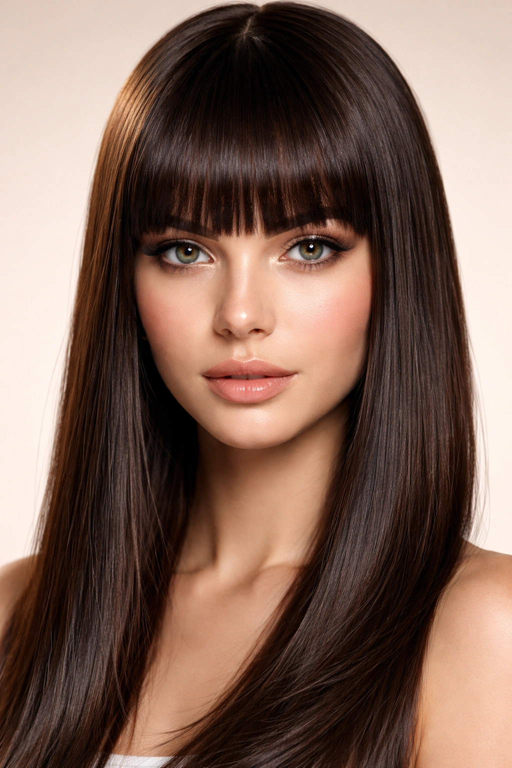 Close-up of blunt bangs framing a forehead with a crisp edge, photographed in studio lighting.