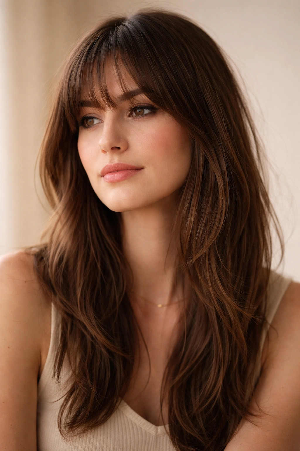 12 Hairstyles With Bangs That Suit Long Faces 13 Portrait of a person with bangs in a contemplative mood, highlighting bangs to balance a long face