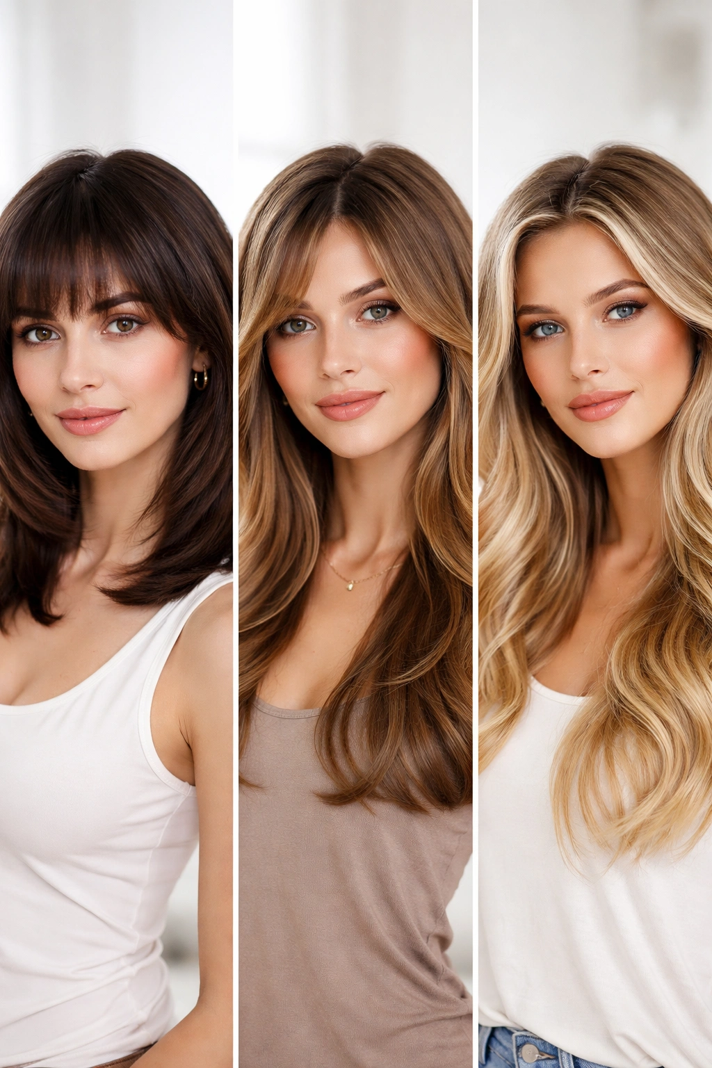 Portrait showing bangs, layered hair, and color-treated highlights to illustrate style-specific trims