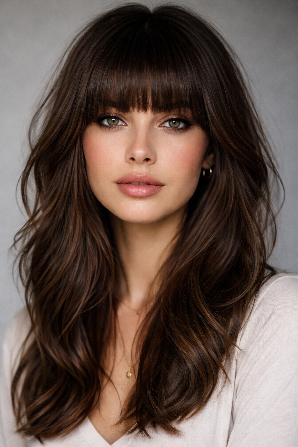 Close-up portrait of thick blunt bangs with layered hair framing the face