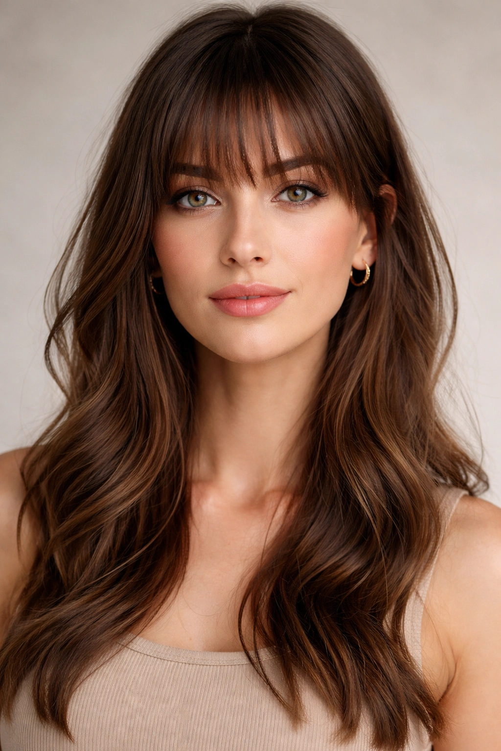 Portrait of a person with a long face framed by flattering bangs in studio lighting