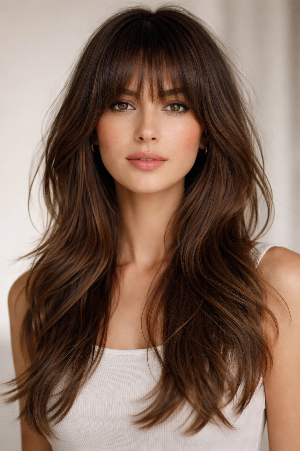 Person with blunt bangs and longer layers, showcasing versatility
