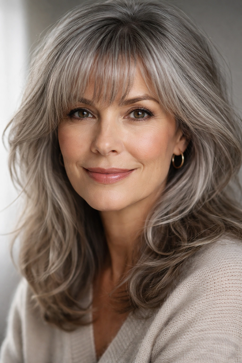 Close-up portrait of a woman over 50 with bangs framing eyes and cheekbones