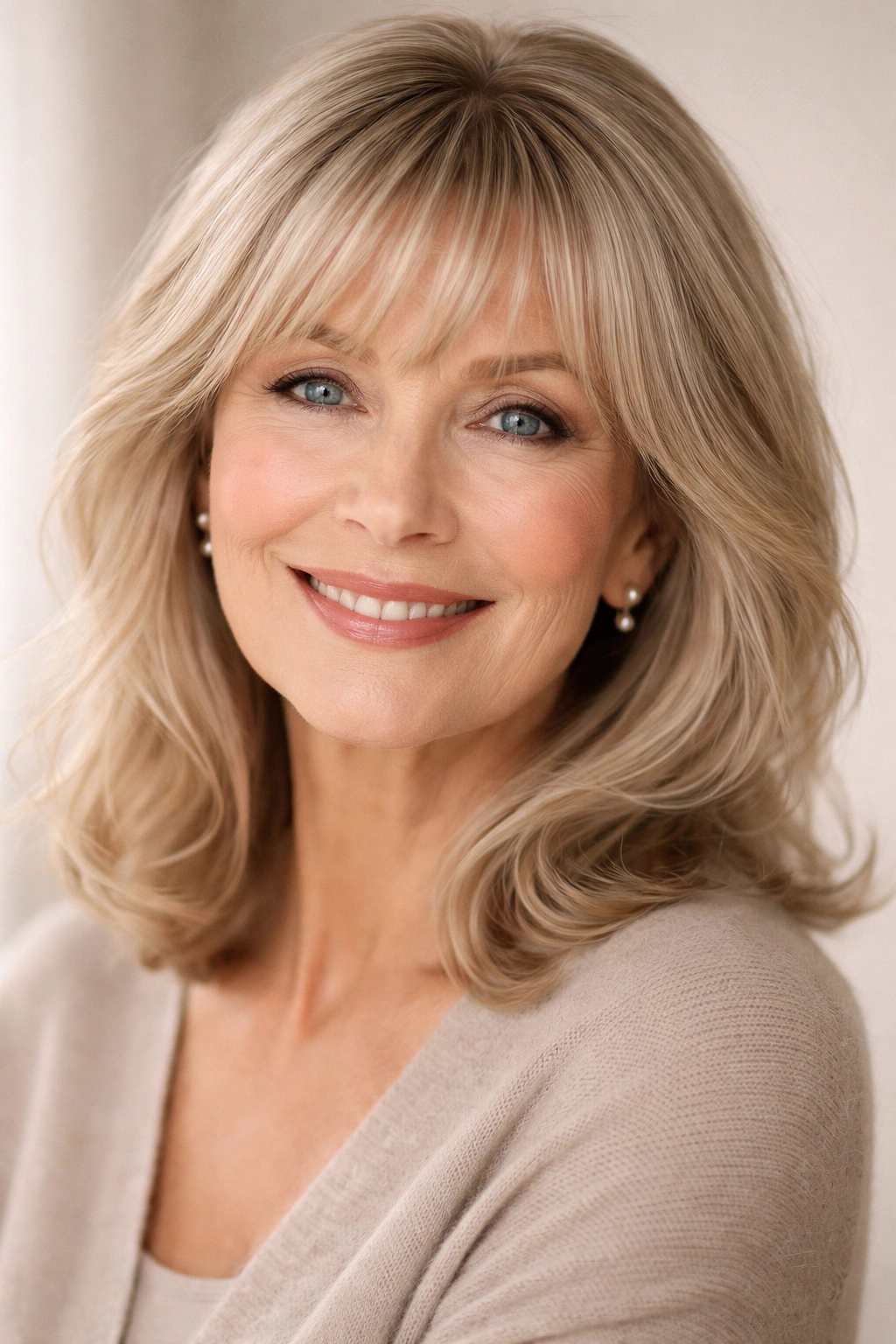Close-up portrait of a mature woman with soft bangs framing her eyes.