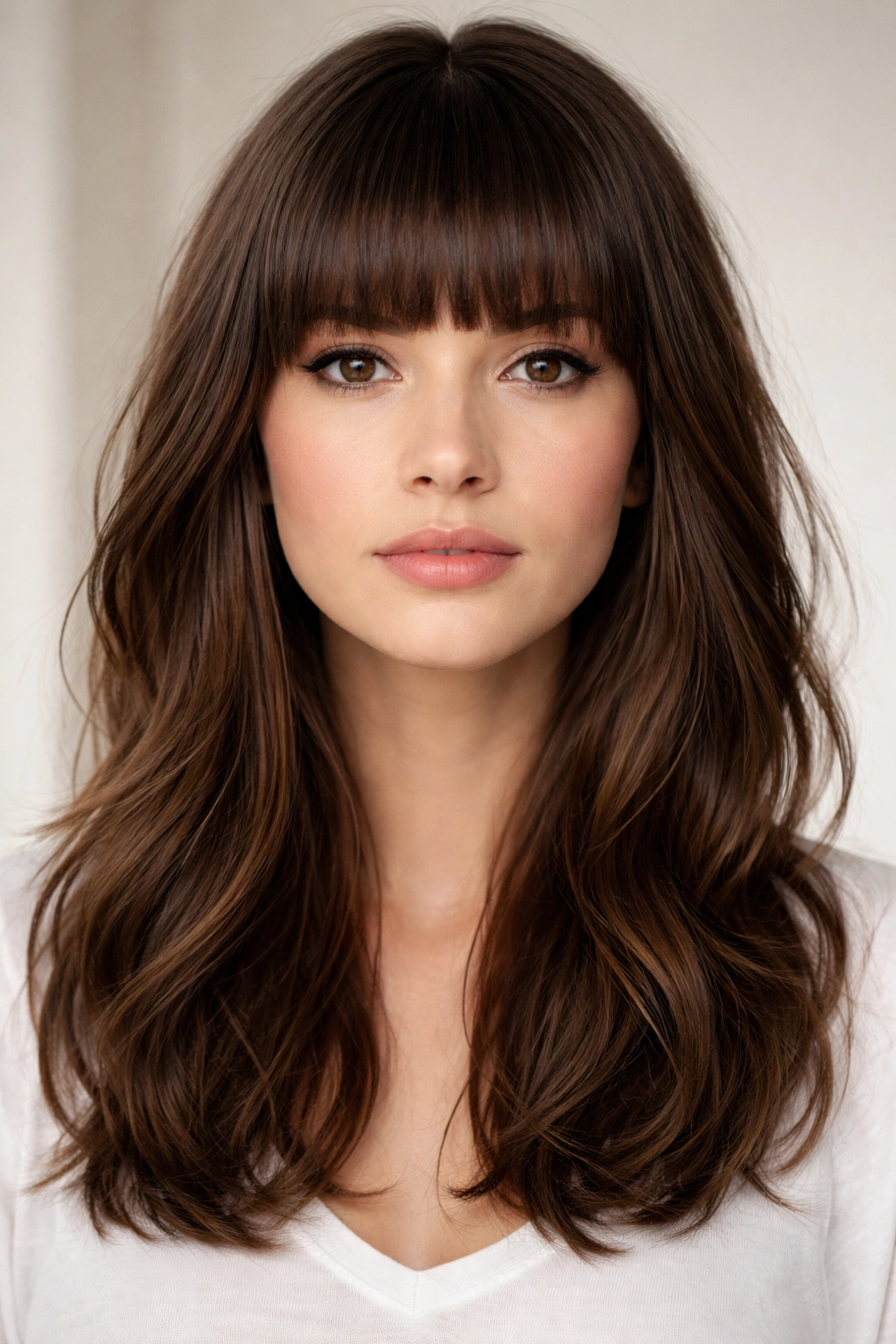 15 Haircuts That Shorten And Balance A Long Face 10 Mid-length hair with straight-across bangs creating a strong horizontal line