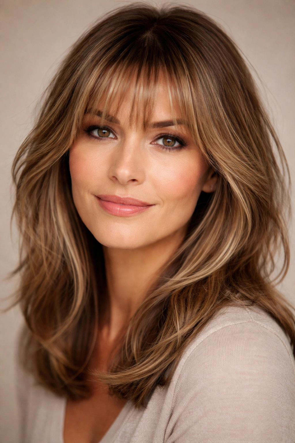 Portrait of a woman over 40 with mid-face wispy bangs