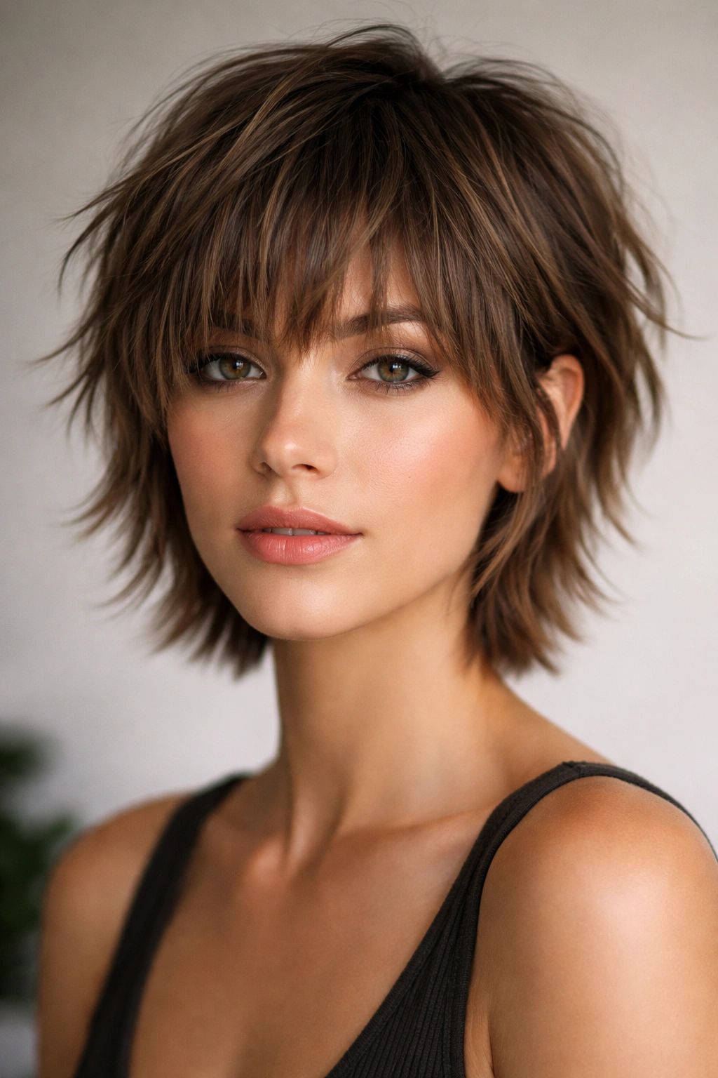 15 Choppy Short Haircuts Loaded With Texture 5 Close-up of a model with wispy, choppy bangs blended with short layers.