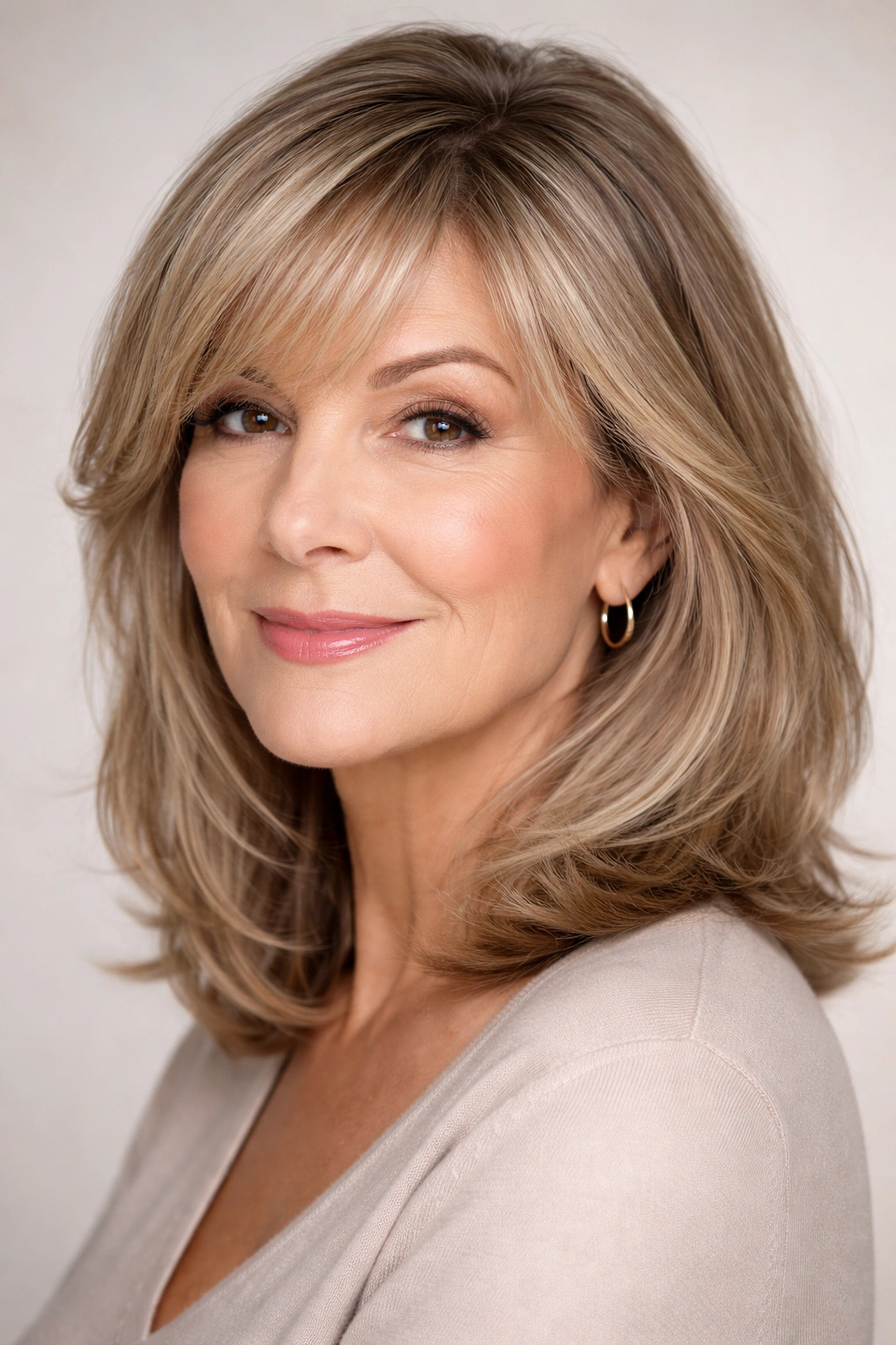 Close-up of a mature woman with side-swept bangs flattering her face shape.