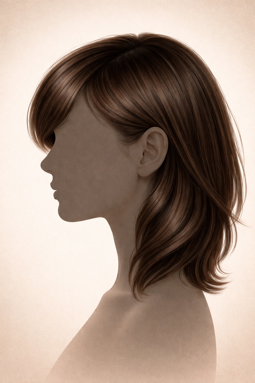 Profile view of side-swept bangs illustrating diagonal fringe across forehead