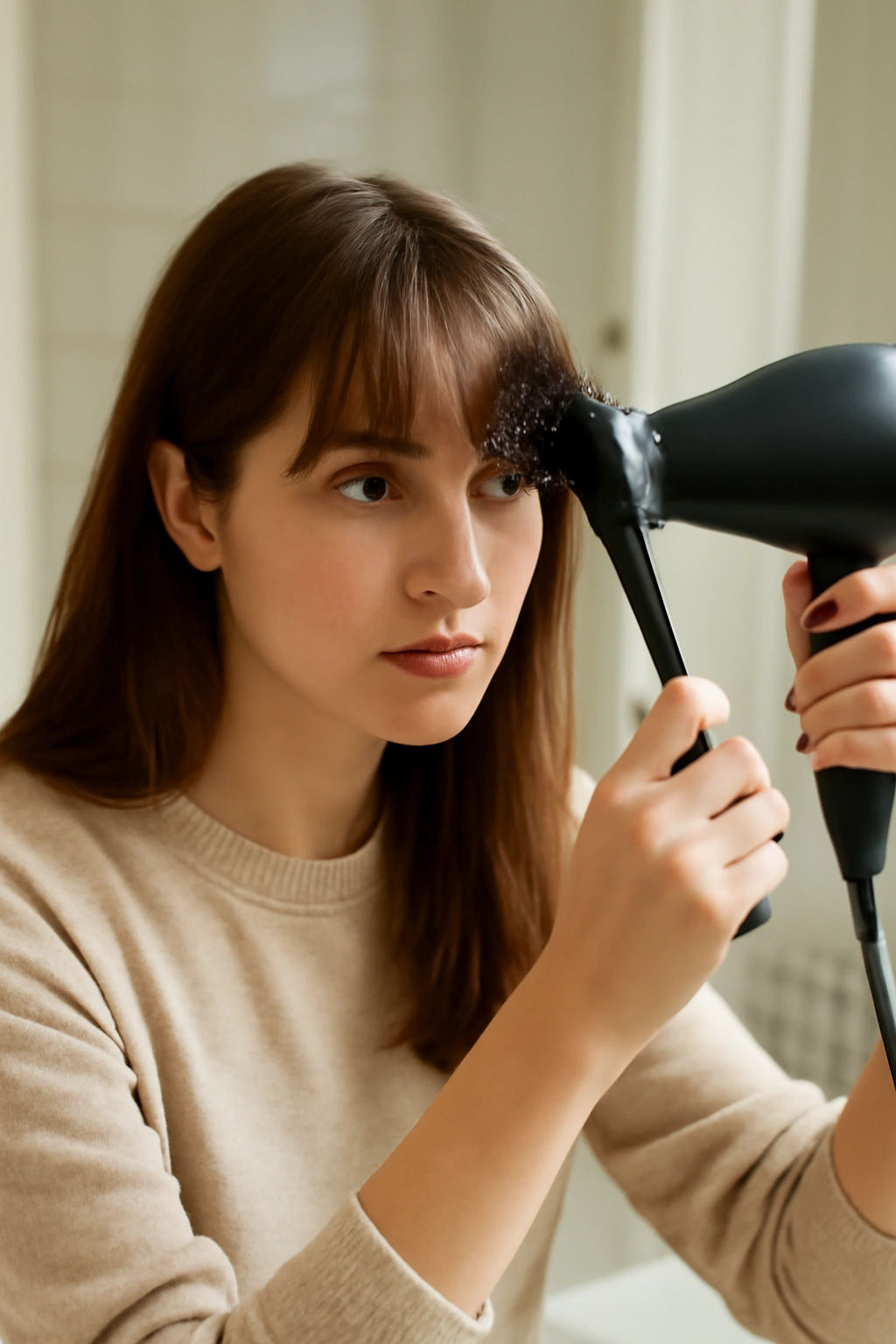 Hands styling bangs with round brush and blow dryer in a bathroom mirror