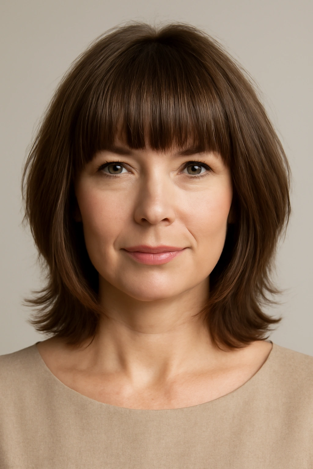 Mother of the Groom? 8 Elegant Short Hair Styles 6 Close-up of Blunt Bangs with Textured Layers highlighting blunt fringe