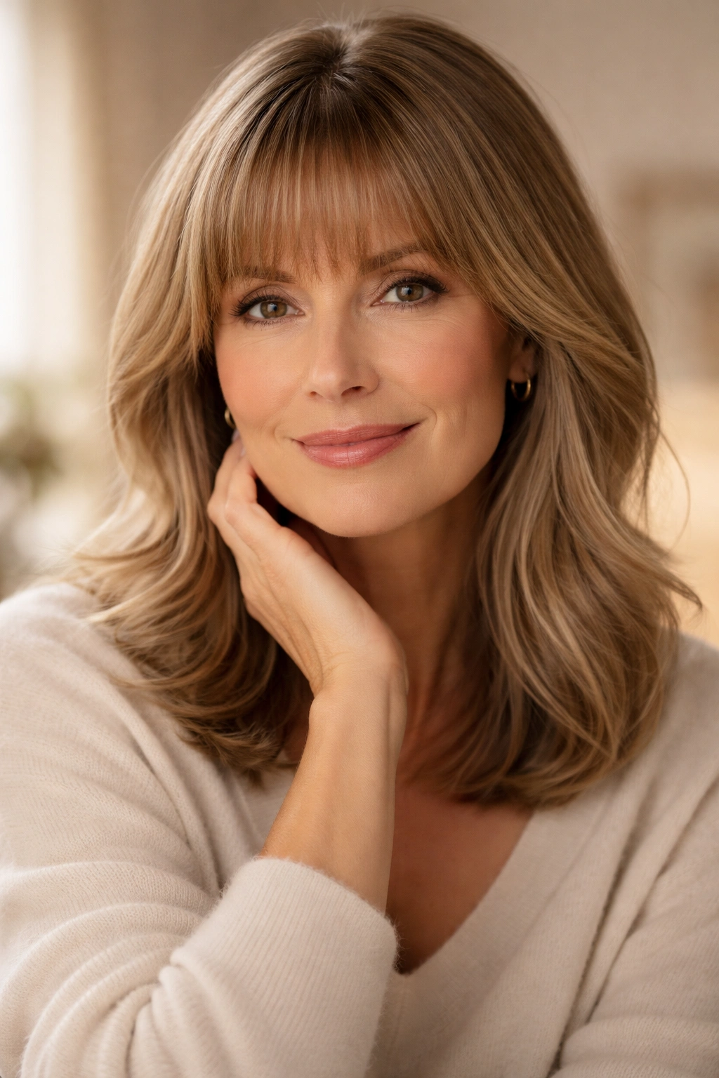 Confident woman with bangs in a warm studio setting