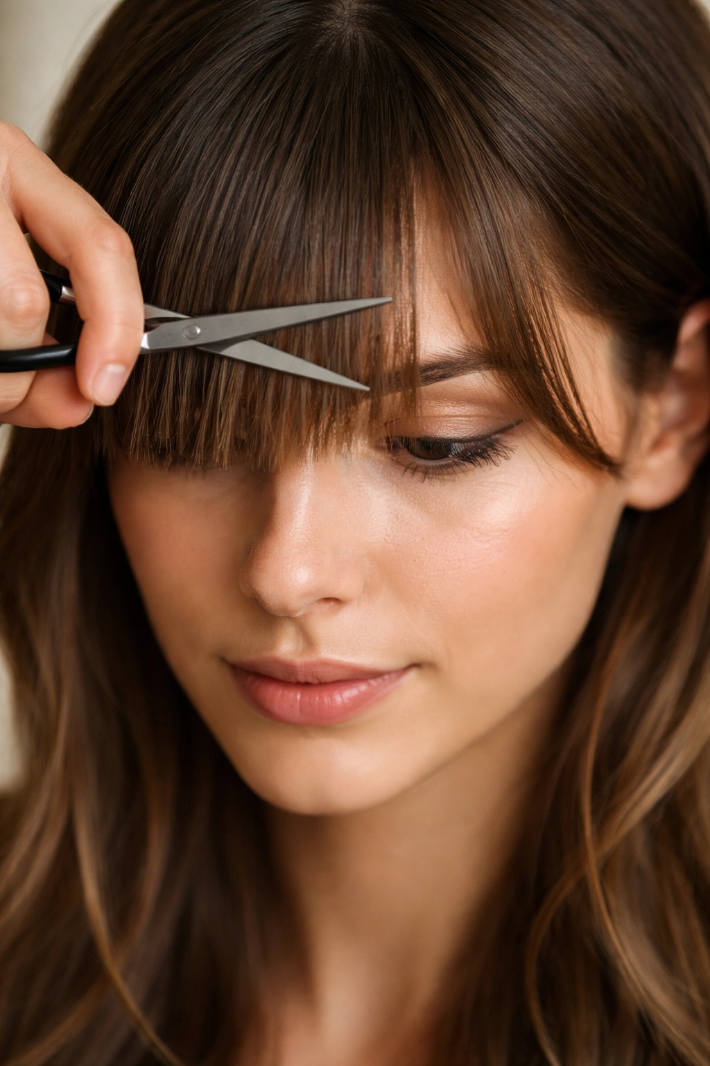 A Step By Step Guide To Trimming Your Own Hair 8 Dry bangs trimmed at a 45-degree angle to frame the face