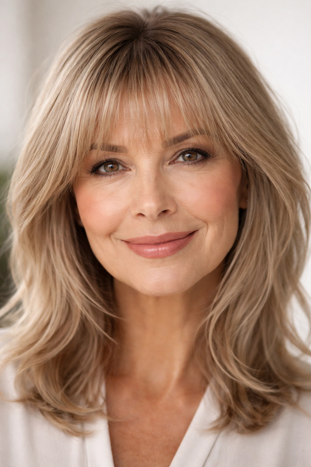 Close-up of wispy bangs on a model
