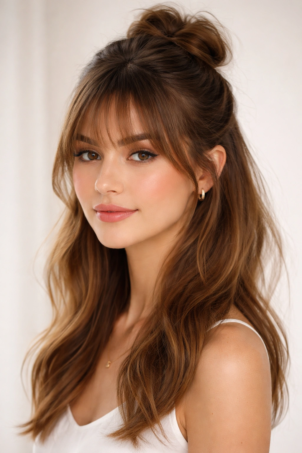 Portrait of a person with bangs integrated into a chic half-up knot hairstyle