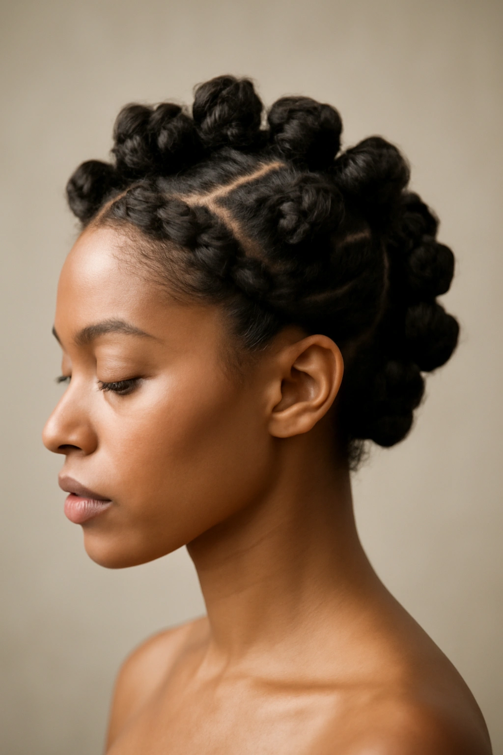 12 Natural Hair Wedding Updos You Need to See 2 Close-up of bantu knot crown on natural hair bridal updo