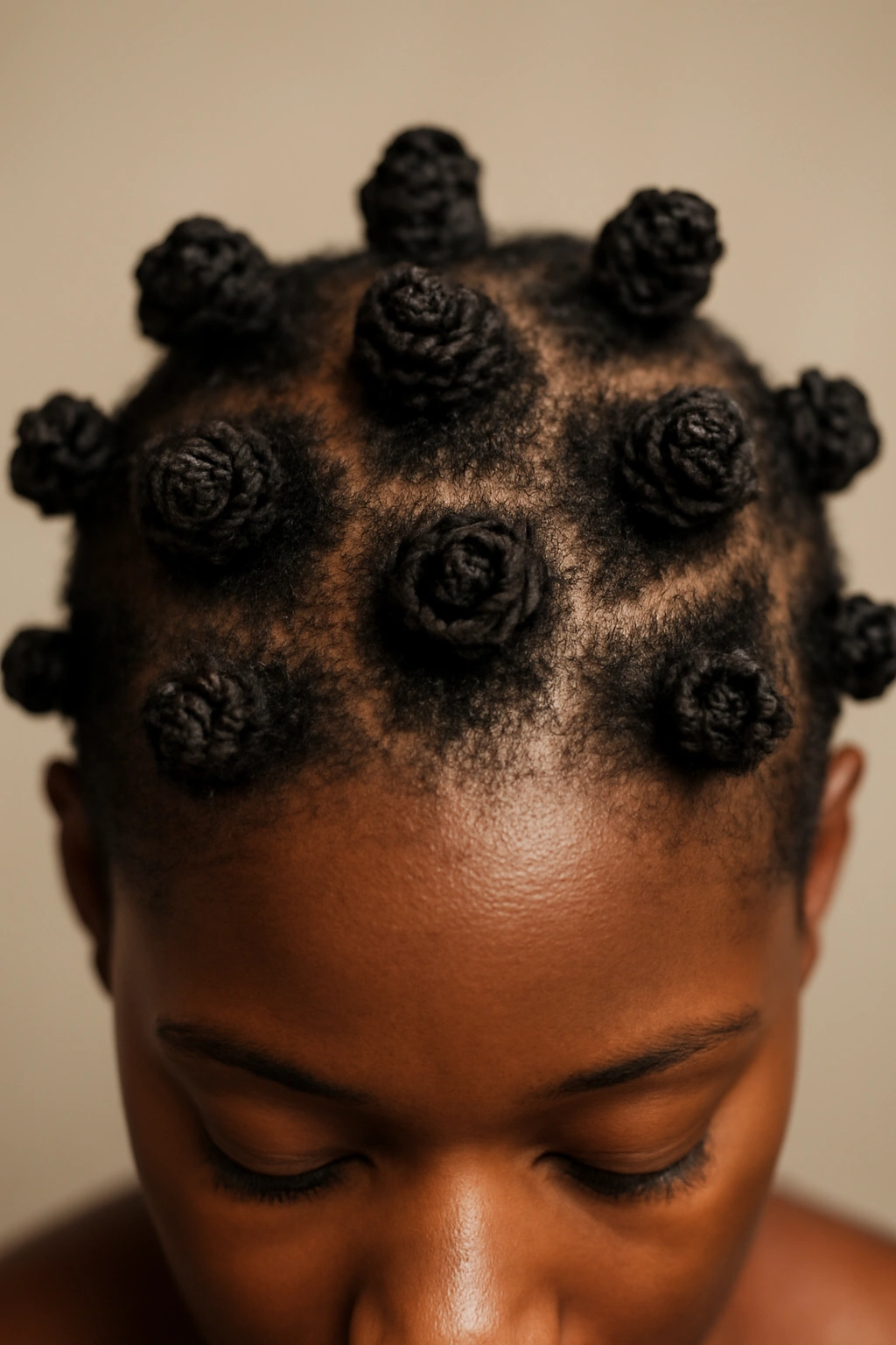 12 Short 4C Hairstyles That Look Effortlessly Good 10 Close-up of multiple Bantu knots on short 4C hair ready to unravel into defined coils.