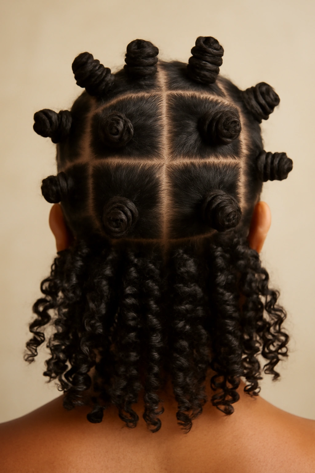 15 Beautiful Ways to Wear Your Naturally Curly Hair 9 Head with multiple small bantu knots ready to be unraveled into coil-outs