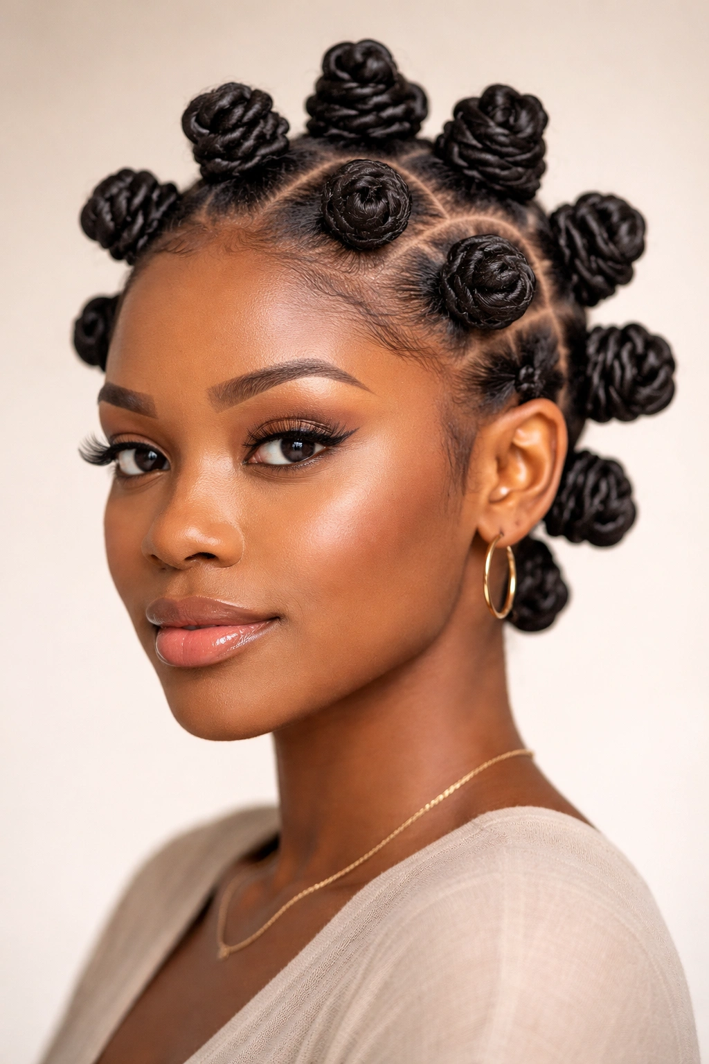 Close-up of a head with neatly formed bantu knots across the scalp