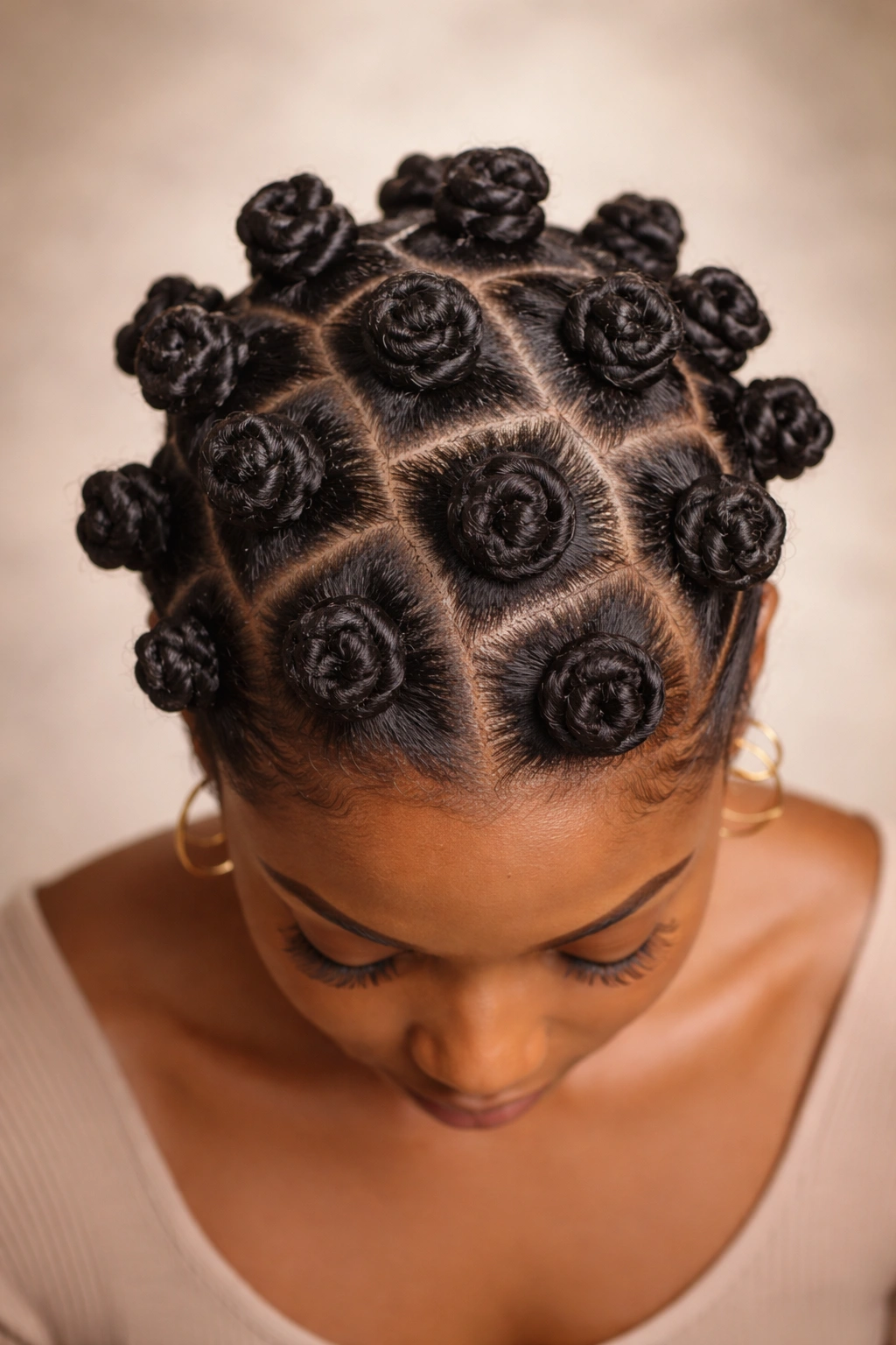 Top-down view of bantu knots across the head