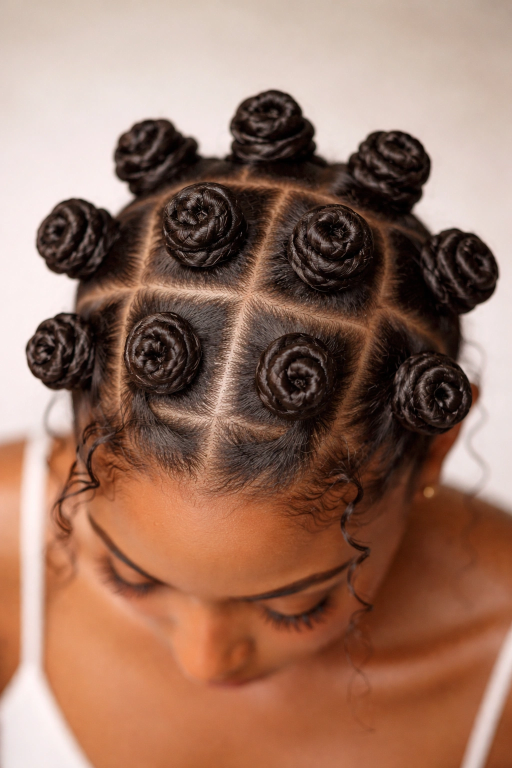 25 Natural Hairstyles For Coily And Curly Textures 4 Head with neatly formed Bantu knots in a grid.