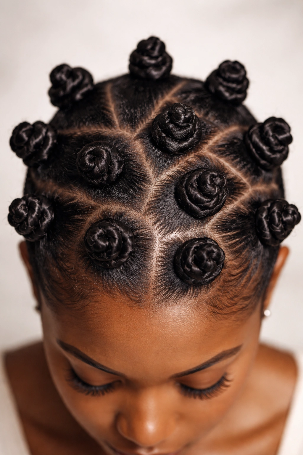 Close-up of tight, uniform Bantu knots on the scalp