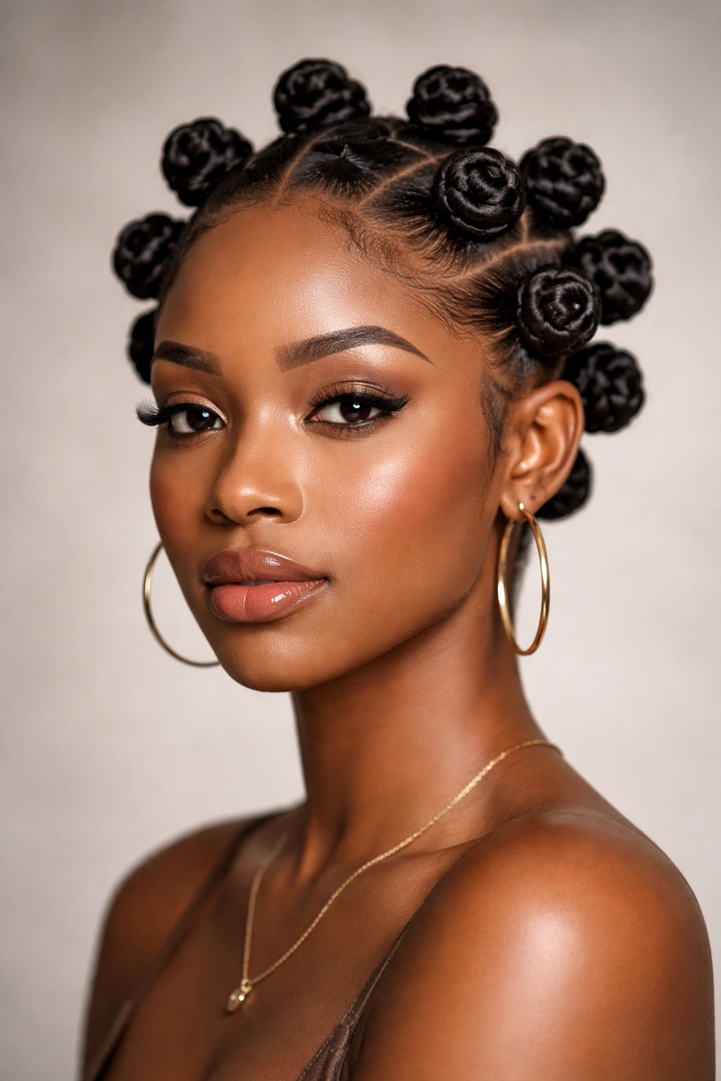Close-up of a Black woman with Bantu knots arranged in a crown against a neutral studio background